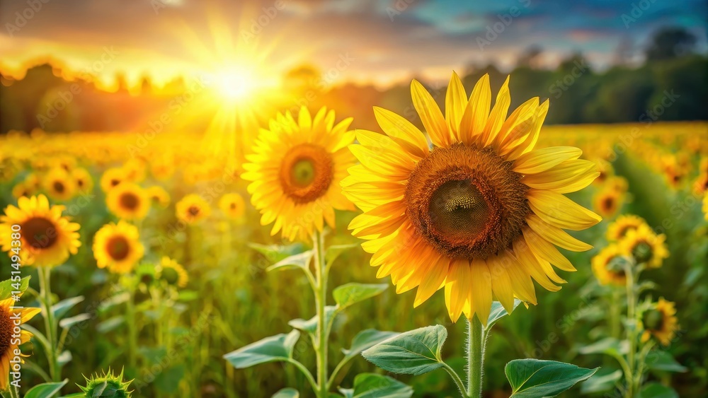Obraz premium Golden sunflowers in a lush green field with a few stalks leaning towards the sunlight, nature