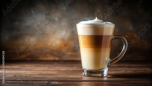 Rich aroma of coffee latte wafts from a glass filled with creamy white foam and topped with a layer of golden brown espresso