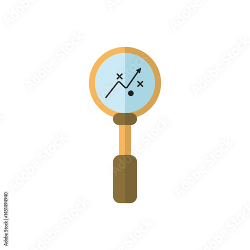magnifying glass with strategic icons inside, symbolizing analysis, planning, and focus on strategy.