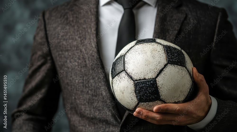 Close-up of a man in a suit holding a worn soccer ball. Close-up of a man in a suit holding a worn soccer ball.