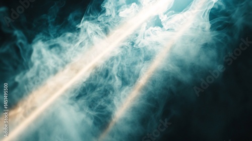 Two light beams cut through teal smoke.  Background abstract, for design