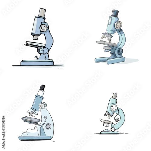 Hand-drawn illustrations of laboratory microscopes in various angles, ideal for science, research, biology, and education themes.

