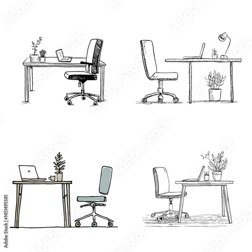 Hand-drawn illustration of minimalist workspaces with desk, office chair, laptop, and plants, perfect for productivity, home office, or remote work visuals.

