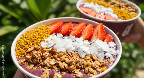 Close-up of acai bowls topped with strawberries, coconut flakes, granola, and bee pollen