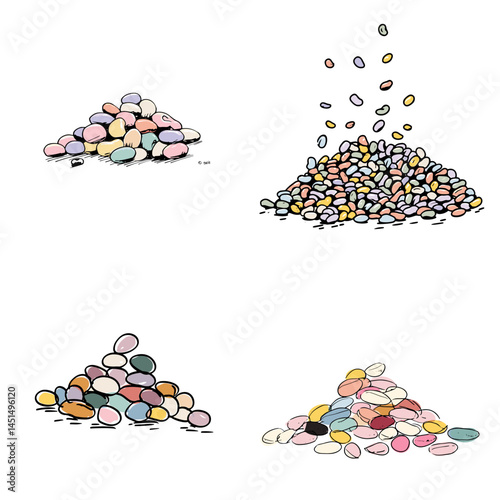 Colorful hand-drawn illustrations of assorted candy beans in piles, great for sweets packaging, kids’ products, and confectionery design.

