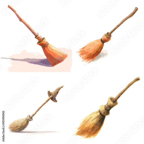 Watercolor illustrations of classic witch brooms with rustic handles. Ideal for Halloween, fantasy themes, or magical props in children's storybooks.

