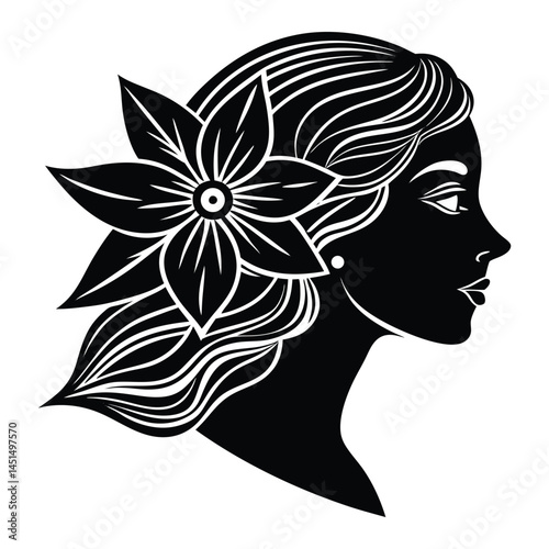 Black silhouette vector art of a woman's profile face with floral beauty in a stylish hairstyle