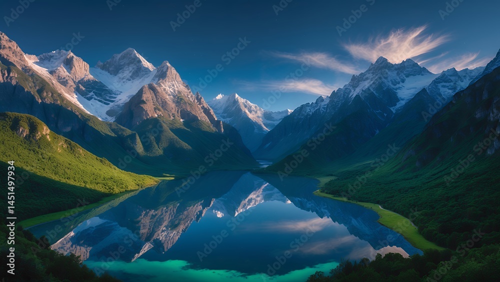 Fototapeta premium Reflecting Mountain Lake Surrounded by Greenery and Snow-Capped Peaks