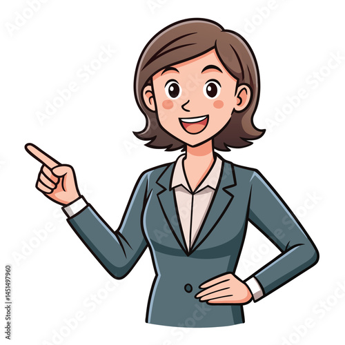 Business woman pointing finger at something. Happy face. Hand drawn style vector design illustrations. 