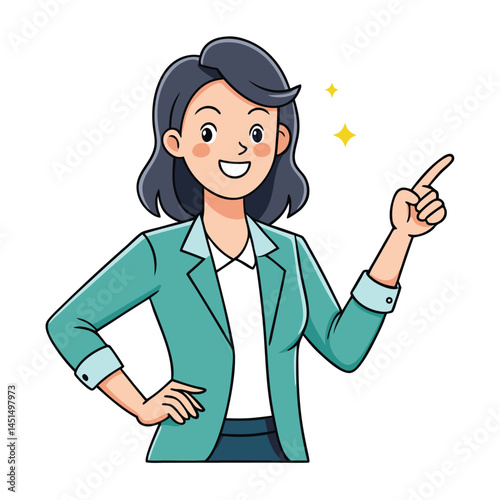 Business woman pointing finger at something. Happy face. Hand drawn style vector design illustrations. 