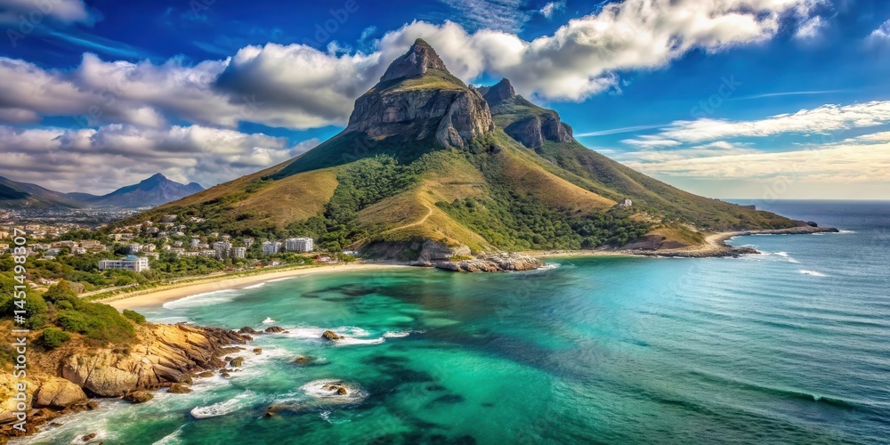 Naklejka premium Ancient granite mountain peak rises dramatically from the turquoise ocean waters in Cape Town , lions head, turquoise water