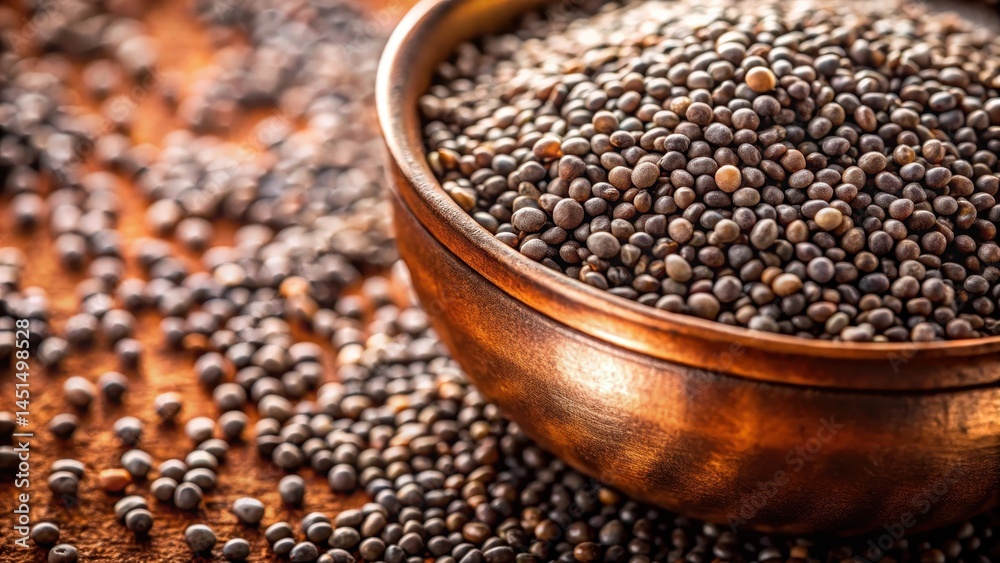 A macro shot of individual chia seeds on the rim of a copper bowl, showcasing their tiny size and intricate details, with some seeds slightly overlapping others , intricate texture, chia seeds A macro shot of individual chia seeds on the rim of a copper bowl, showcasing their tiny size and intricate details, with some seeds slightly overlapping others , intricate texture, chia seeds