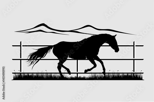 Horse silhouette behind wooden fence paddock for countryside western country farm ranch logo design