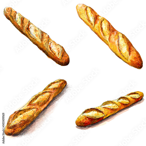 Watercolor painting of crispy French baguette loaves. Ideal for bakery branding, cafe menu designs, or rustic food illustrations with artisanal charm.

