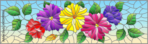 Illustration in stained glass style with abstract intertwined bright flowers and leaves on blue background