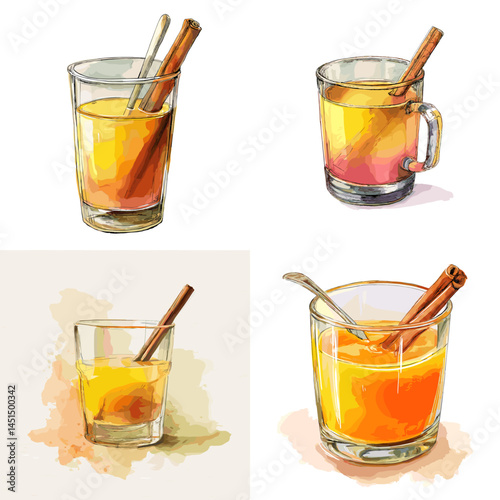 Glasses of spiced drinks with cinnamon sticks, warm and comforting watercolor style, perfect for autumn beverage visuals, holiday themes, and wellness drinks.

