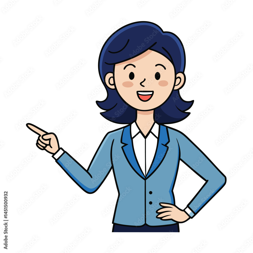 Business woman pointing finger at something. Happy face. Hand drawn style vector design illustrations. Business woman pointing finger at something. Happy face. Hand drawn style vector design illustrations.