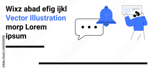 Speech bubble with three dots, notification bell, and person reviewing document. Ideal for messaging, alerts, collaboration, productivity, notifications, email simple landing page