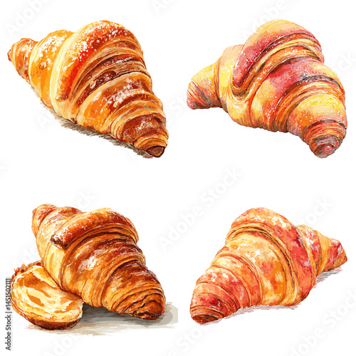 Golden flaky croissants hand-painted in watercolor style, perfect for French bakery illustrations, breakfast visuals, and pastry-themed branding.

