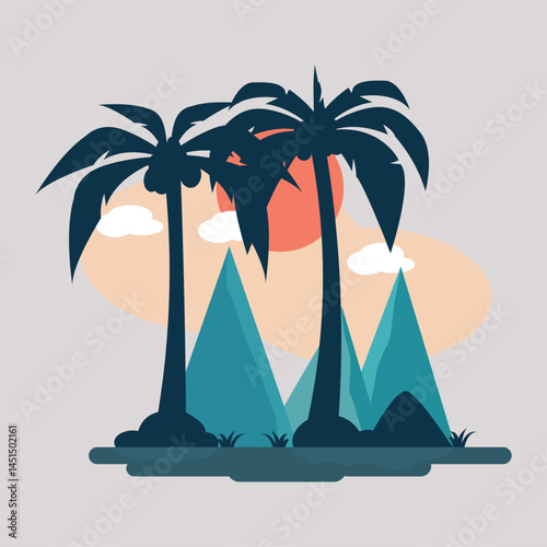 Vector Illustration of Tropical Scene with Silhouette Palm Trees, Blue Mountains, Orange Sunset, and White Clouds, Minimalist Tropical Beach Landscape Design with Palm Tree Silhouettes, Teal Hills