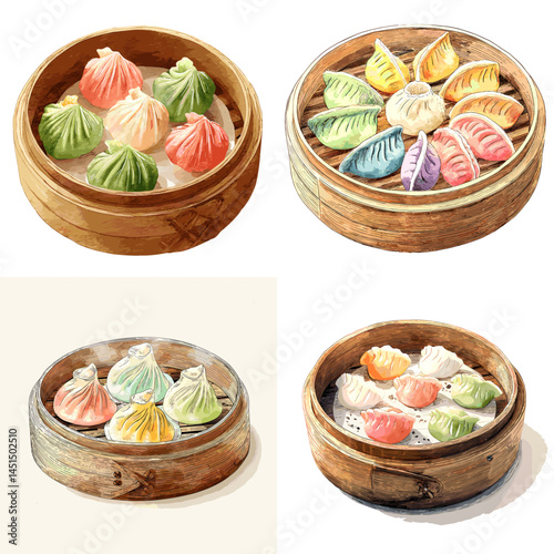 Colorful steamed dumplings in bamboo baskets, watercolor illustration perfect for Asian cuisine, dim sum menus, and gourmet food visuals.

