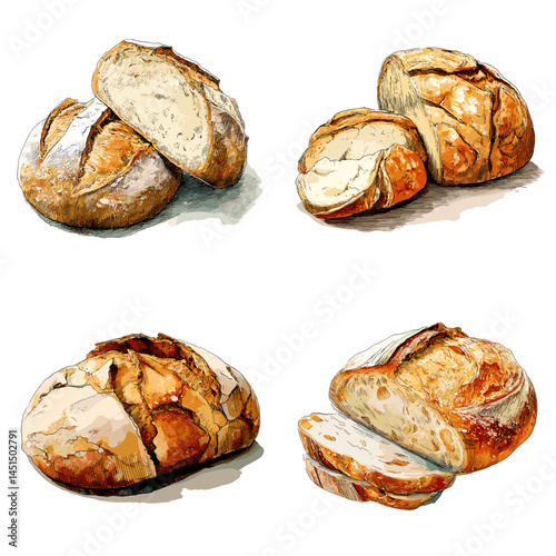 Rustic artisan bread loaves with golden crusts, hand-painted in watercolor style, perfect for bakery branding, food blogs, and traditional homemade bread visuals.

