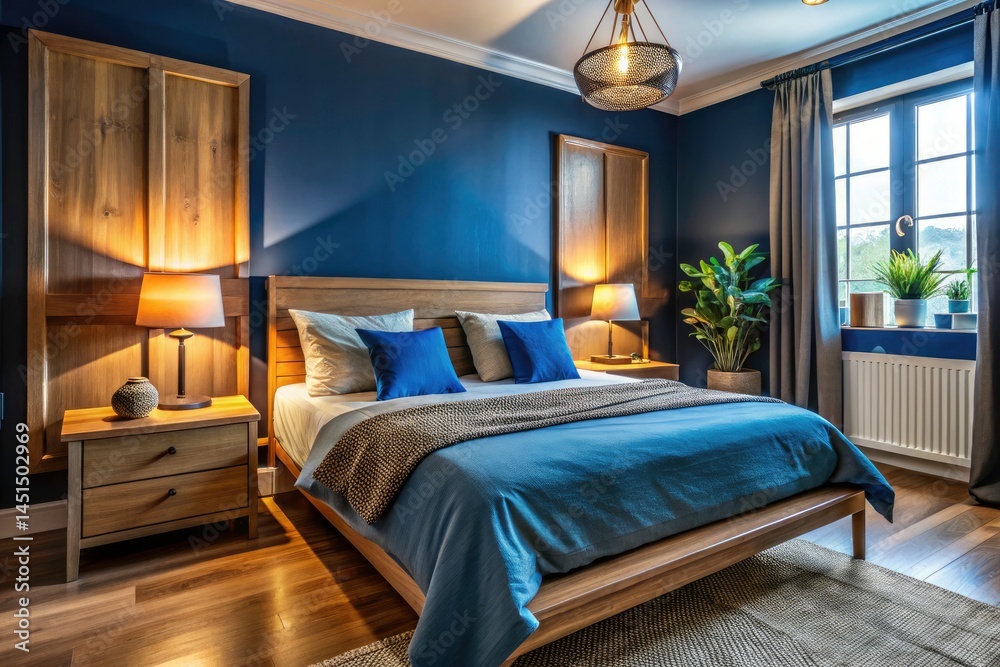 Macro Photography: Stylish Compact Queen Bedroom, Deep Blue Walls, Minimalist Decor Macro Photography: Stylish Compact Queen Bedroom, Deep Blue Walls, Minimalist Decor