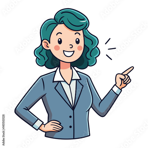 Business woman pointing finger at something. Happy face. Hand drawn style vector design illustrations. 