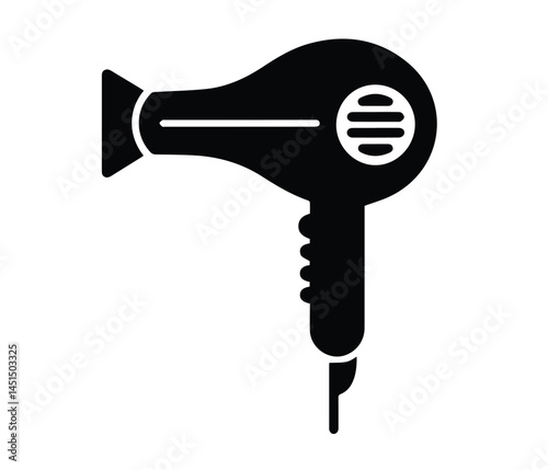 clean, bold, and stylized black silhouette of a hair dryer against a white background.
