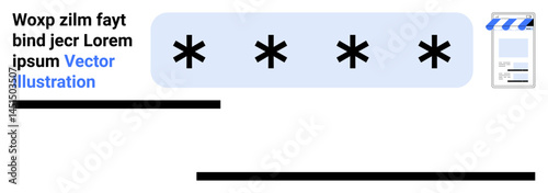 Password input box filled with asterisks, document icon with a striped header. Ideal for cybersecurity, privacy, authentication, software, login screens, user accounts, identity simple landing page