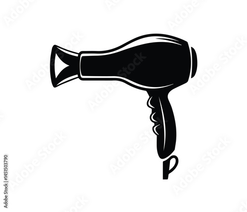 clean, bold, and stylized black silhouette of a hair dryer against a white background.