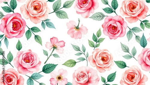 Delicate watercolor roses & leaves, repeating floral pattern, spring, texture