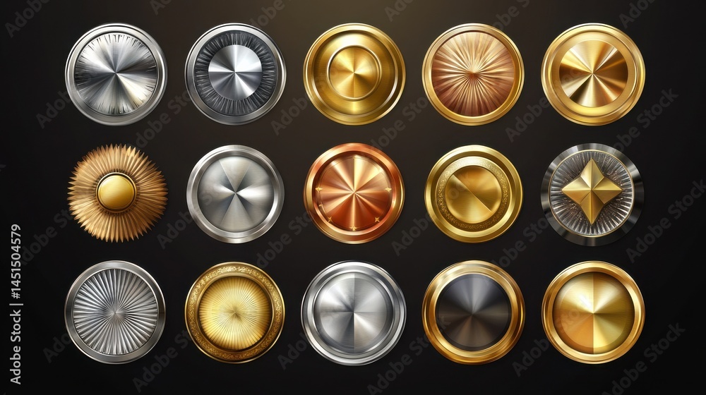 Gold silver bronze medals. Champion winner award metal medal. Honor badges realistic isolated vector set illustration Gold silver bronze medals. Champion winner award metal medal. Honor badges realistic isolated vector set illustration