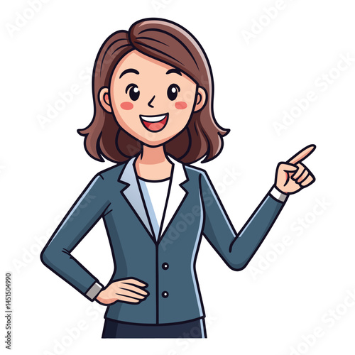 Business woman pointing finger at something. Happy face. Hand drawn style vector design illustrations. 