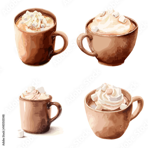 Hot chocolate with whipped cream and marshmallows, cozy and inviting watercolor style, perfect for winter drink visuals or dessert-themed illustrations.

