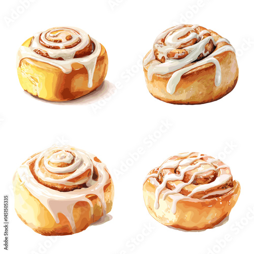 Warm cinnamon rolls with icing glaze, deliciously illustrated in watercolor, perfect for bakery menus, dessert content, or cozy food visuals.

