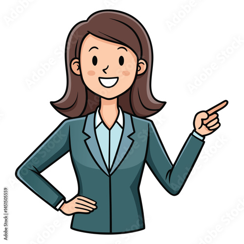 Business woman pointing finger at something. Happy face. Hand drawn style vector design illustrations. 
