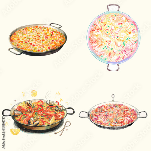 Various styles of Spanish paella in large pans, colorful and detailed watercolor illustrations, ideal for Mediterranean food content and recipe visuals.

