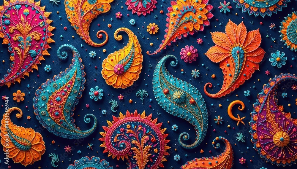 Intricate paisley pattern flows seamlessly across surface, rich color variations , blue, cream, wallpaper Intricate paisley pattern flows seamlessly across surface, rich color variations , blue, cream, wallpaper