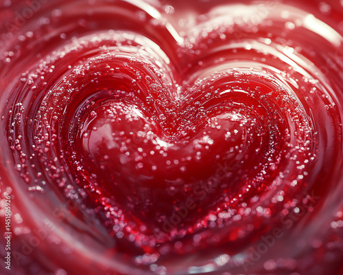 Close-up of a shimmering red heart-shaped gel, evoking feelings of love and sweetness, perfect for romantic themes.
