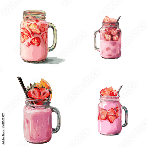 Refreshing strawberry milkshakes served in mason jars, decorated with fruit slices, hand-painted in vibrant watercolor style on white background.

