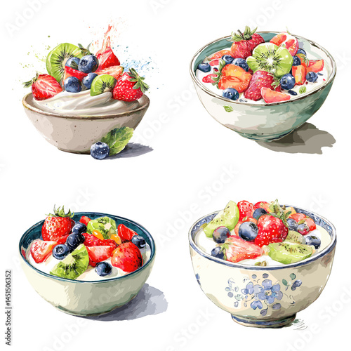 Bowls of creamy yogurt topped with fresh berries and kiwi in watercolor style, perfect for breakfast menus, health content, and organic food illustrations.

