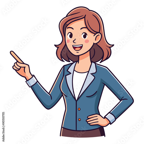 Business woman pointing finger at something. Happy face. Hand drawn style vector design illustrations. 