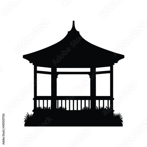 Black silhouette of a gazebo in a garden with grass and open space