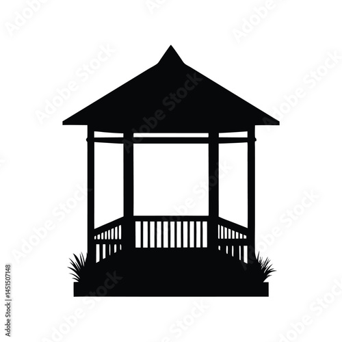Black silhouette of a gazebo in a garden with grass and open space