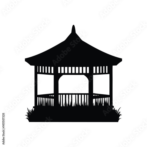 Black silhouette of a gazebo in a garden with grass and open space