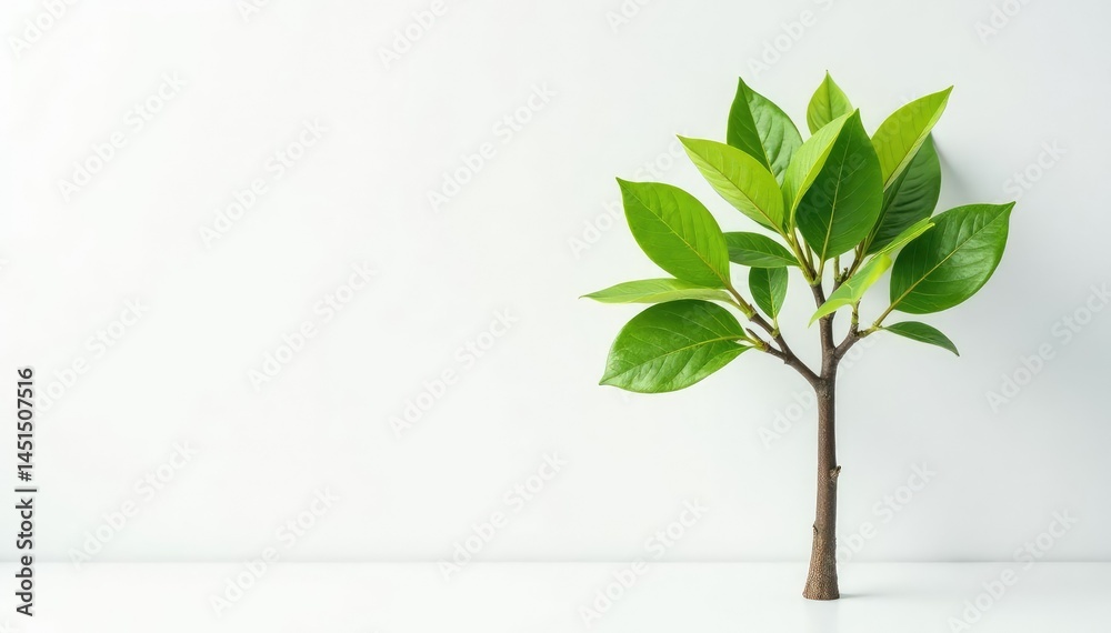Fototapeta premium Single young tree, delicate leaves, white backdrop, studio, tender, life