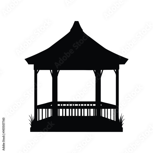 Black silhouette of a gazebo in a garden with grass and open space