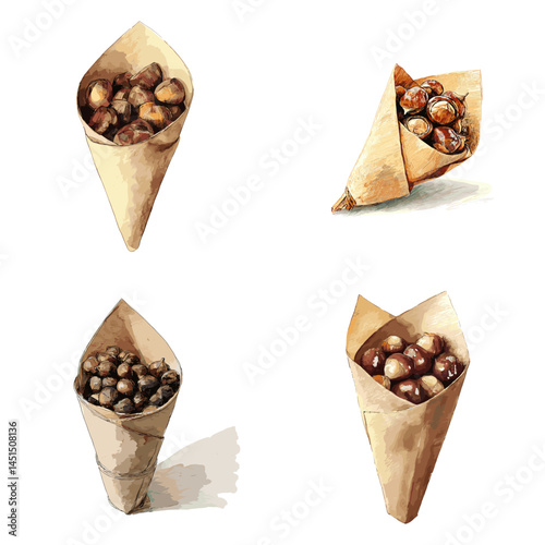 Paper cones filled with roasted nuts in earthy tones, watercolor style illustration ideal for snack packaging, farmers’ markets, and vintage food branding.

