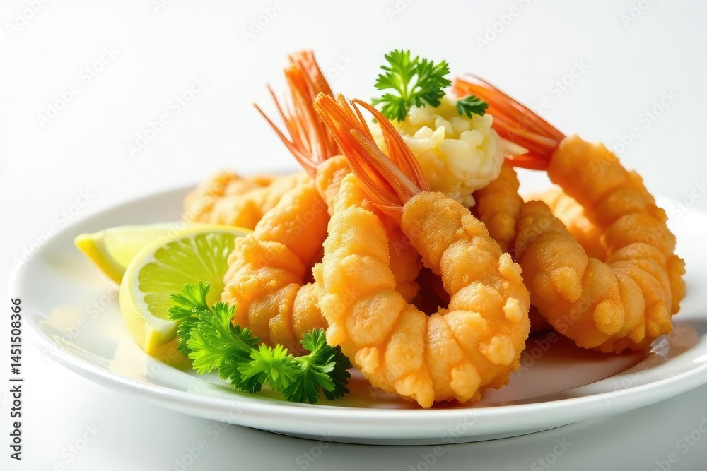 Tempura shrimp and vegetables, white backdrop Lightly battered seafood & veggies , tasty, seafood, food photography Tempura shrimp and vegetables, white backdrop Lightly battered seafood & veggies , tasty, seafood, food photography